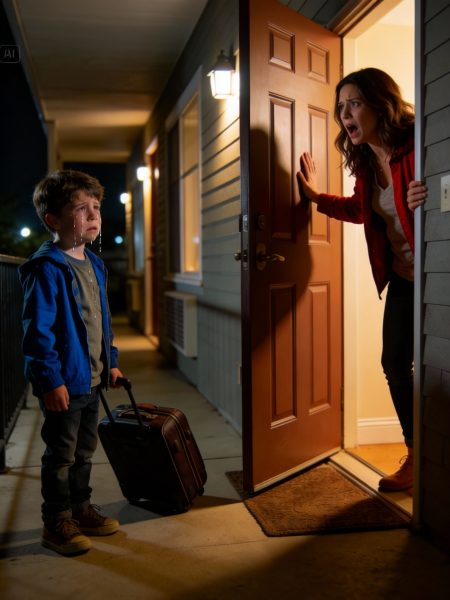 My mom said, “Let me take your son with me!” and then left to go on a trip with my sister’s family. That evening, someone was banging loudly on my door. I opened the door and saw my son, his eyes red and swollen, dragging a suitcase. “Mom… they said I don’t have a ticket… I can’t get on the plane…”