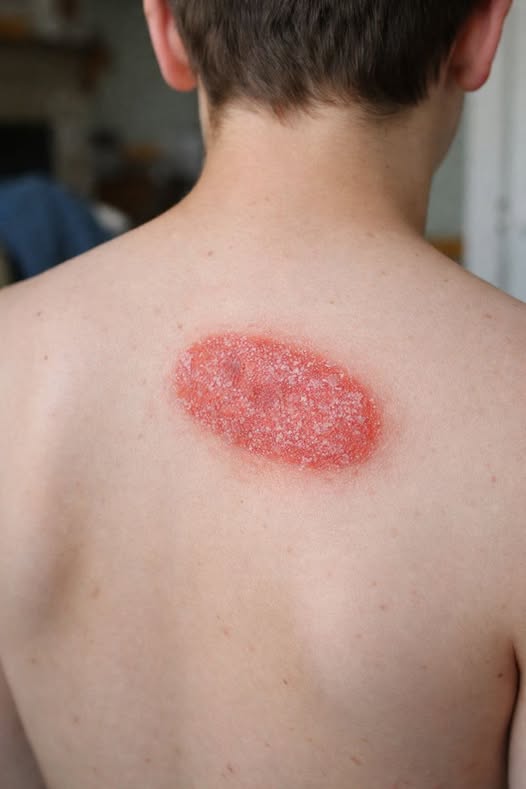 Noticed this huge scaly patch on my teen’s back and smaller ones appearing. Worried it’s contagious. Can’t get a referral yet..