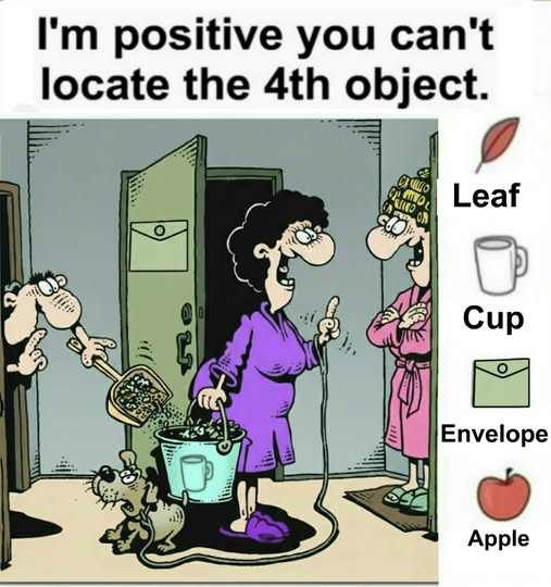 Find Leaf, Cup, Envelope, Apple.